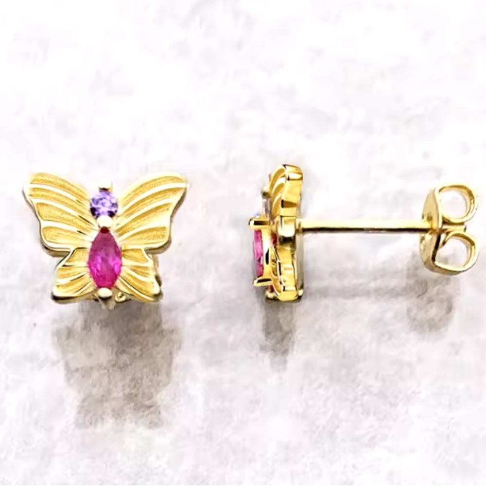 NWOT Sterling silver 14K yellow gold plated pink crystal butterfly earrings
￼